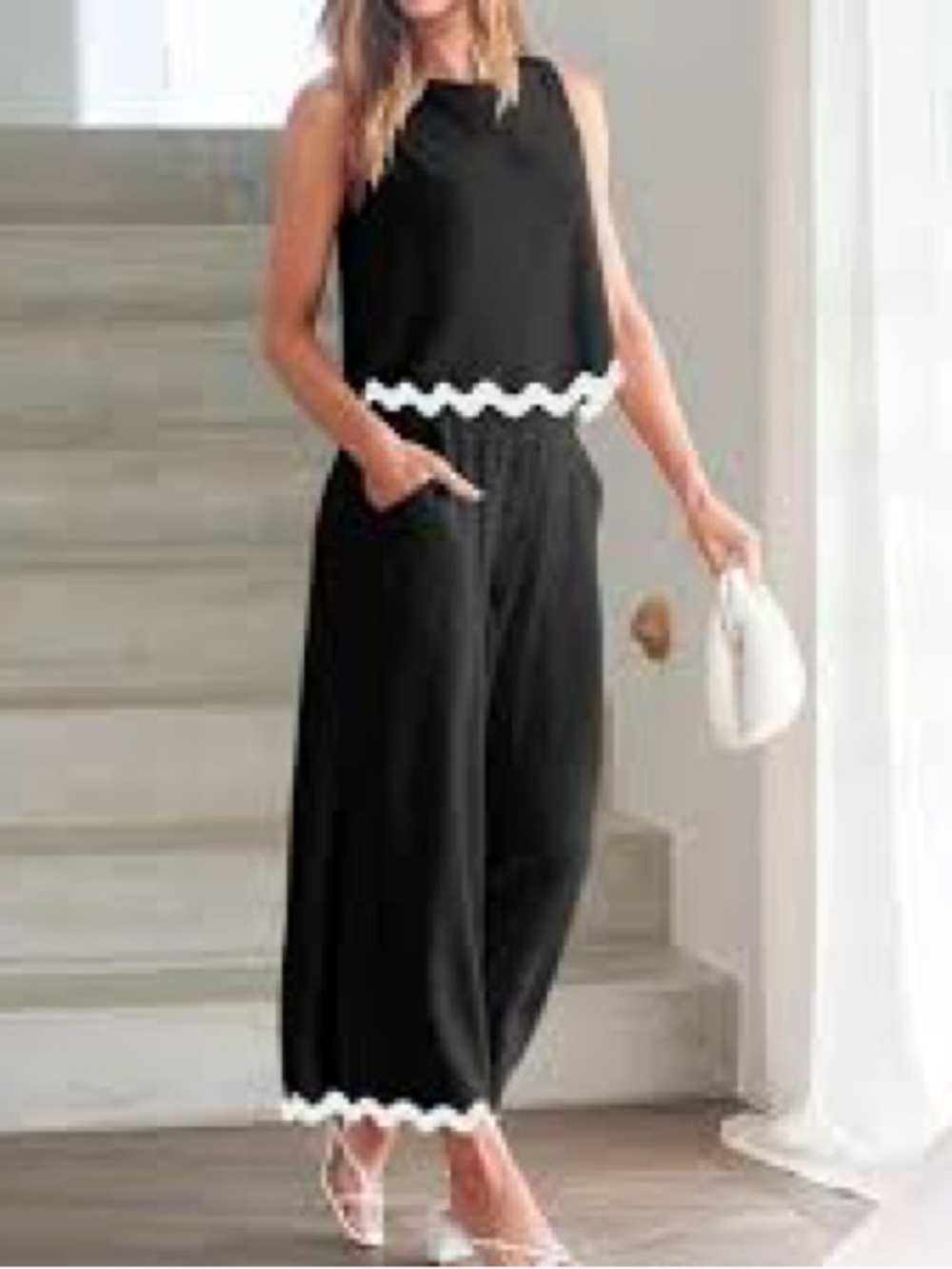 Black Sleeveless Wide-Leg pant and matching tank with White Trim